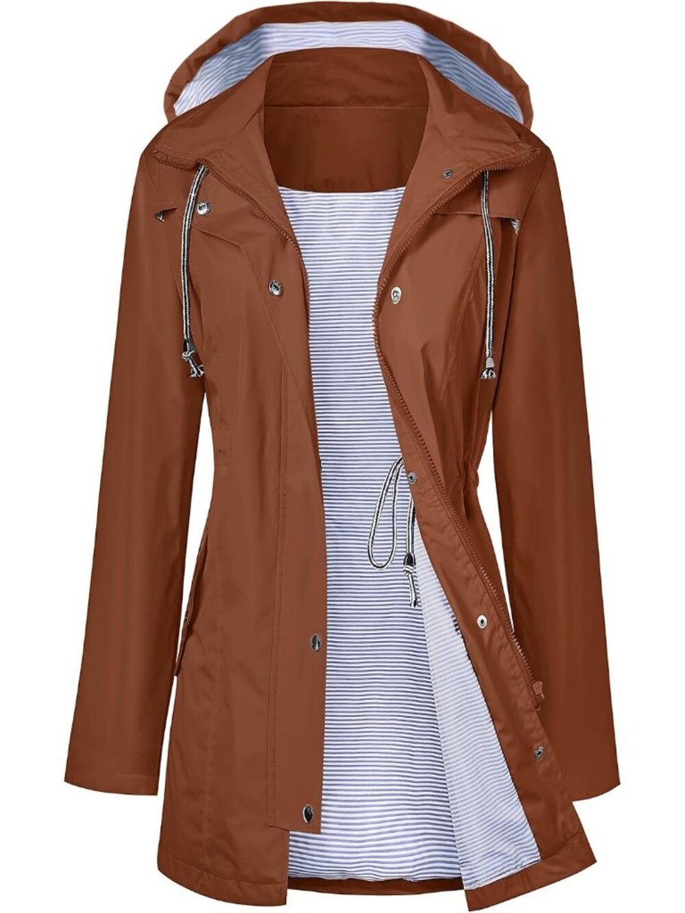 Women Caramel Hooded Waterproof Adjustable Drawstring Windbreaker Trench Coat